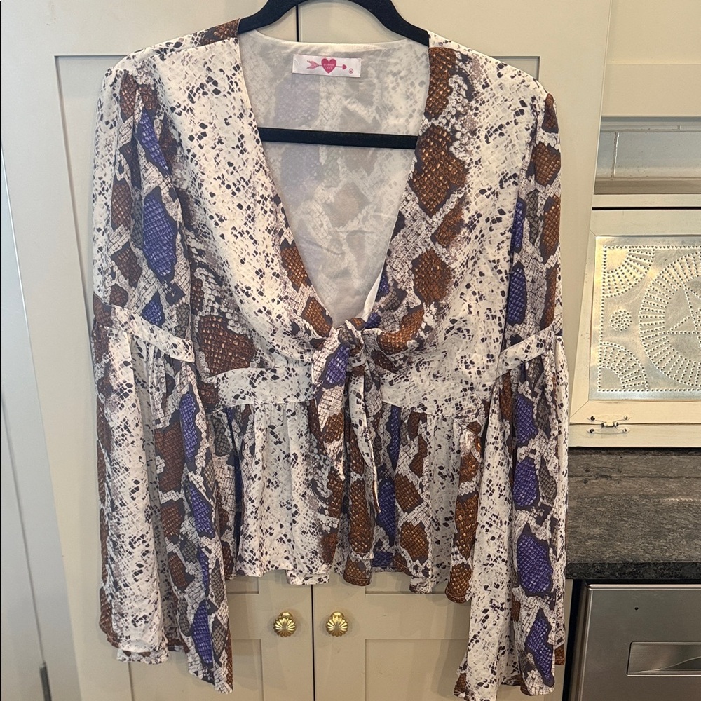 Buddy Love Snake Print Blouse in Brown, Cream, and Blue
